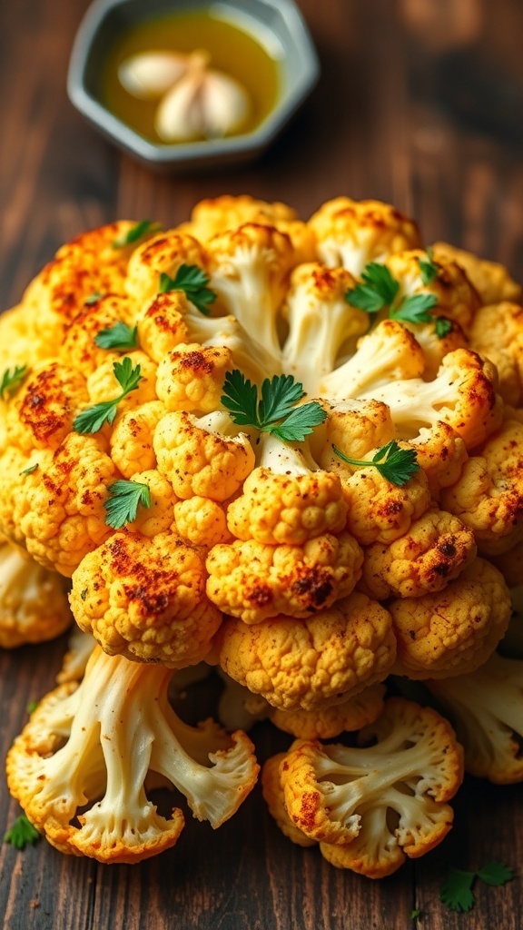 Golden roasted cauliflower florets garnished with parsley on a wooden table.